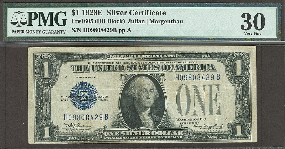 Fr.1605, 1928E $1 Silver Certificate, VF+, PMG-30, H-B Block